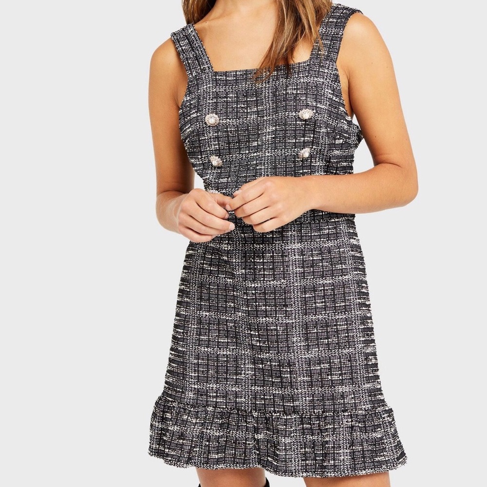 Tweed mini a line dress ruffle with brooch buttons